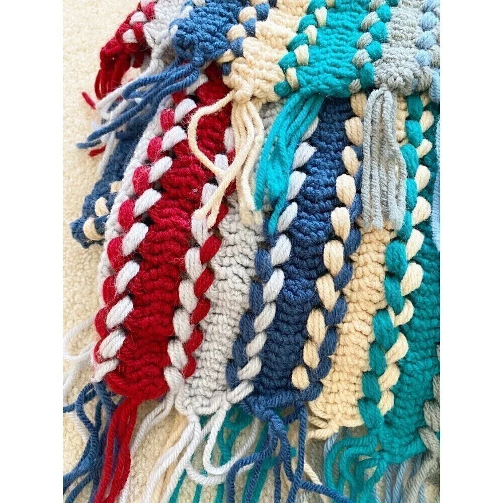 Handmade Blue Burgundy Striped Crochet Afghan Throw Fringe Roseanne Mission Sofa